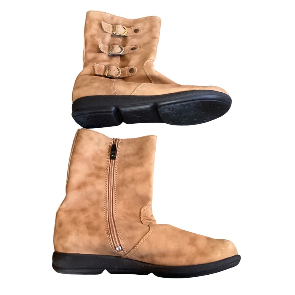 Dansko Mid Calf Boots Womens 40 Tan Leather Triple Buckle Side Zip A06 32 40